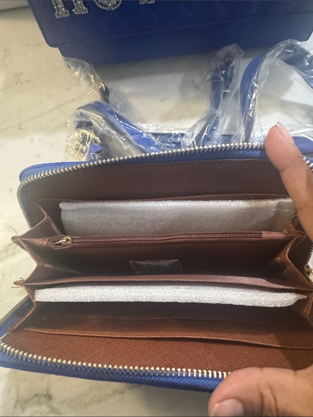 Blue Quilted Shoulder Bag with Crystal 'HOTSEXY' Lettering - Picture 3 of 11